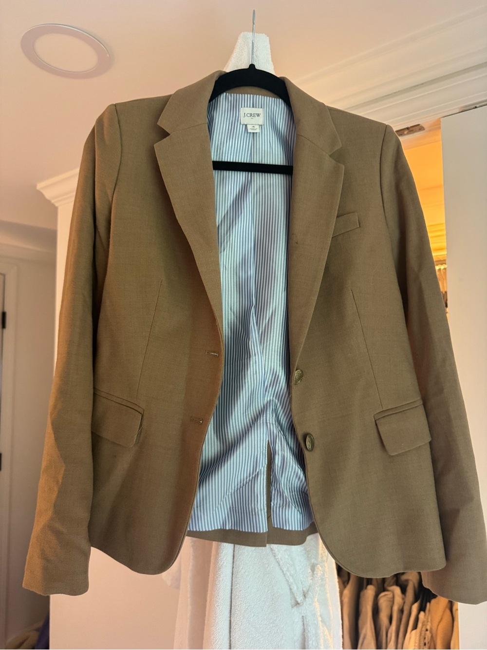 J. Crew Tan Jacket with Blue-White Striped Lining